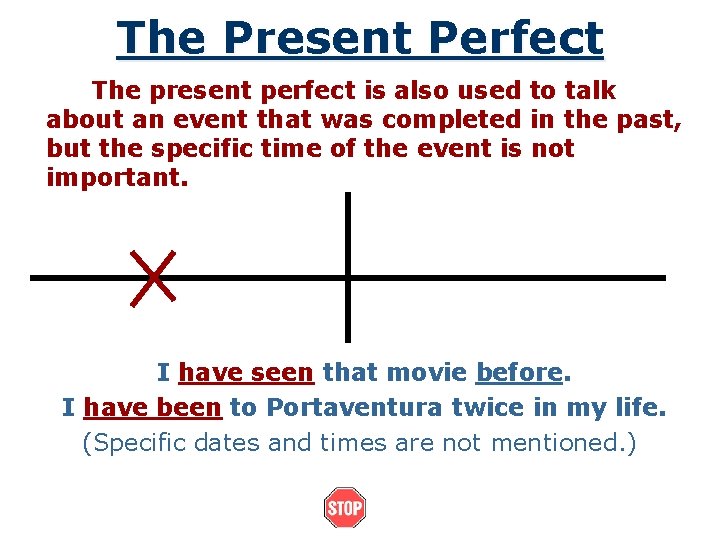 The Present Perfect The present perfect is also used to talk about an event