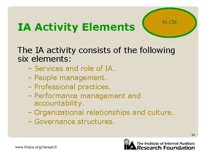 IA Activity Elements IA-CM The IA activity consists of the following six elements: –