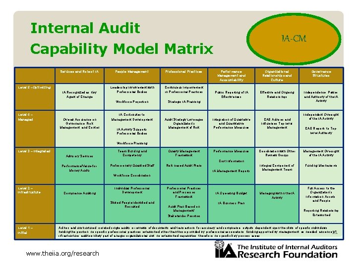 Internal Audit Capability Model Matrix Services and Role of IA Level 5 –Optimizing IA