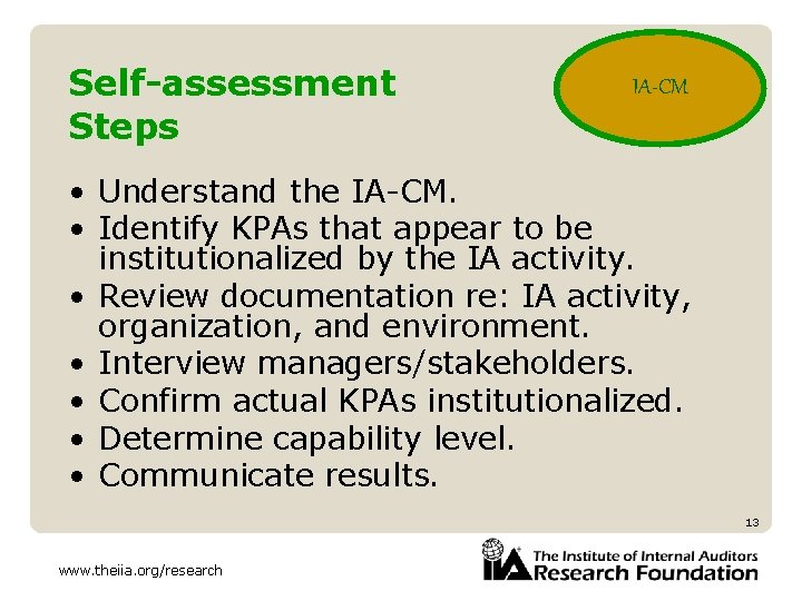 Self-assessment Steps IA-CM • Understand the IA-CM. • Identify KPAs that appear to be
