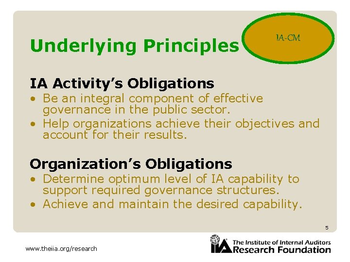 Underlying Principles IA-CM IA Activity’s Obligations • Be an integral component of effective governance