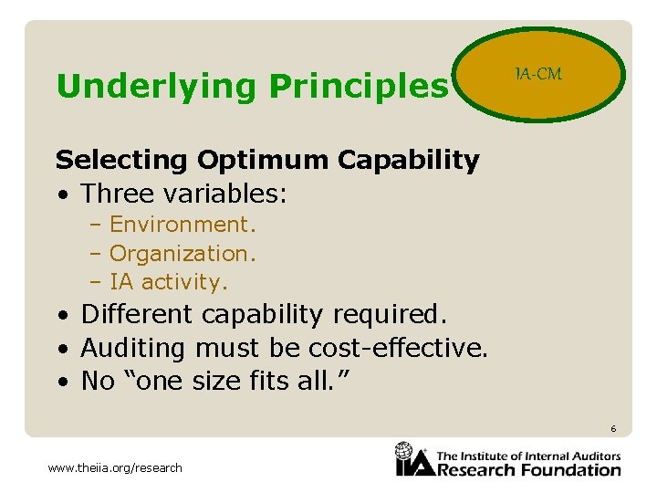 Underlying Principles IA-CM Selecting Optimum Capability • Three variables: – Environment. – Organization. –
