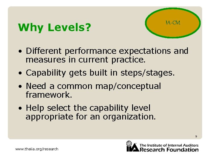 Why Levels? IA-CM • Different performance expectations and measures in current practice. • Capability