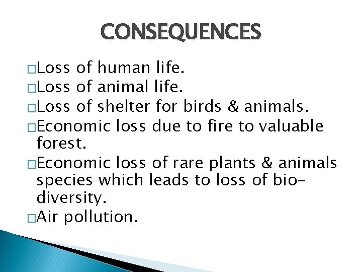 CONSEQUENCES �Loss of human life. �Loss of animal life. �Loss of shelter for birds