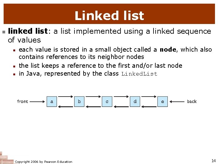 Linked list n linked list: a list implemented using a linked sequence of values