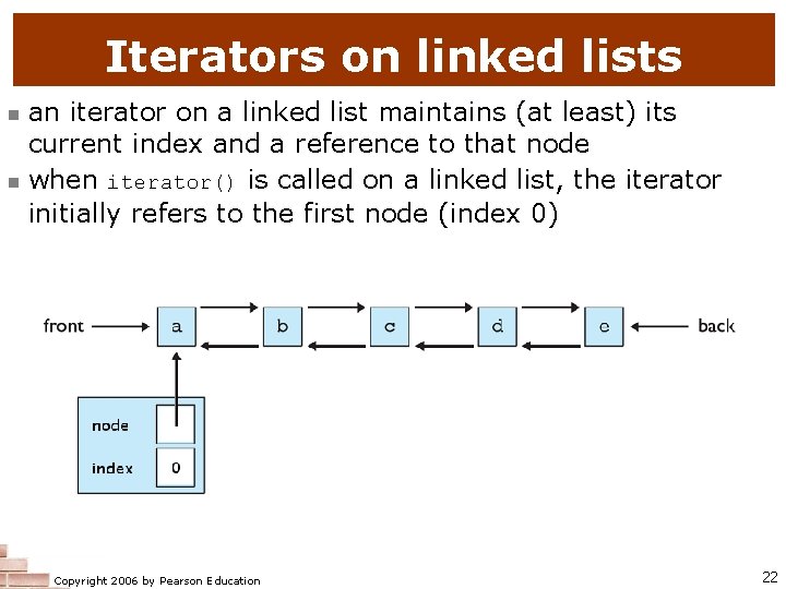 Iterators on linked lists n n an iterator on a linked list maintains (at