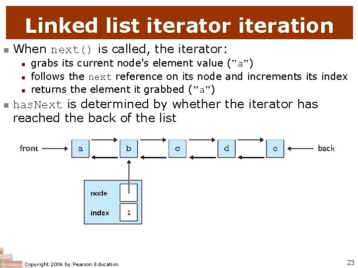 Linked list iterator iteration n When next() is called, the iterator: n n grabs