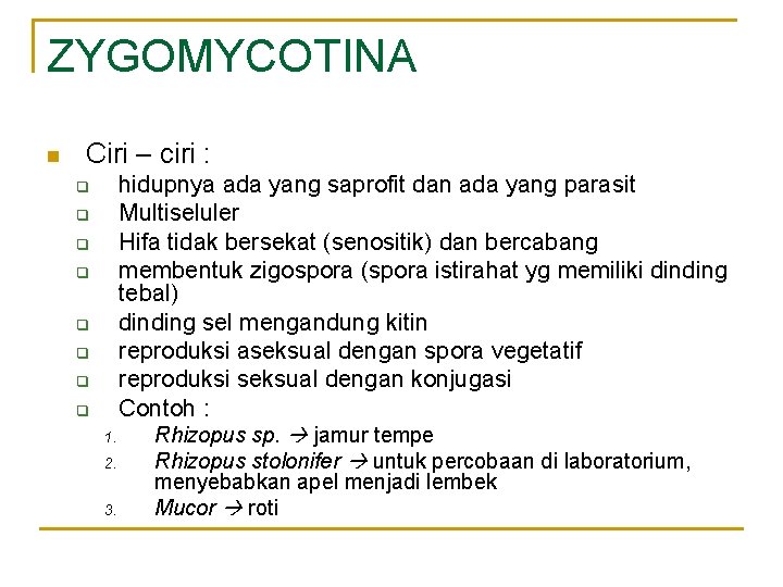 ZYGOMYCOTINA n Ciri – ciri : q q q q hidupnya ada yang saprofit