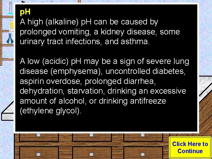 Urine Sample p. H A high (alkaline) p. H can be caused by prolonged