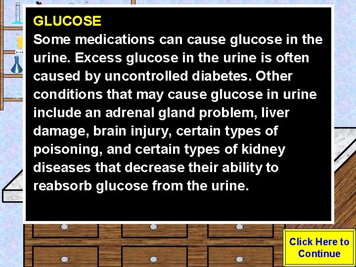 Urine Sample GLUCOSE Some medications can cause glucose in the urine. Excess glucose in