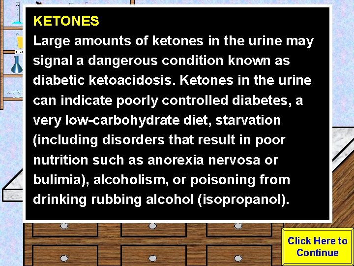 Urine Sample KETONES Large amounts of ketones in the urine may signal a dangerous