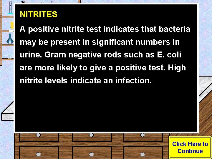 NITRITES Urine Sample A positive nitrite test indicates that bacteria may be present in