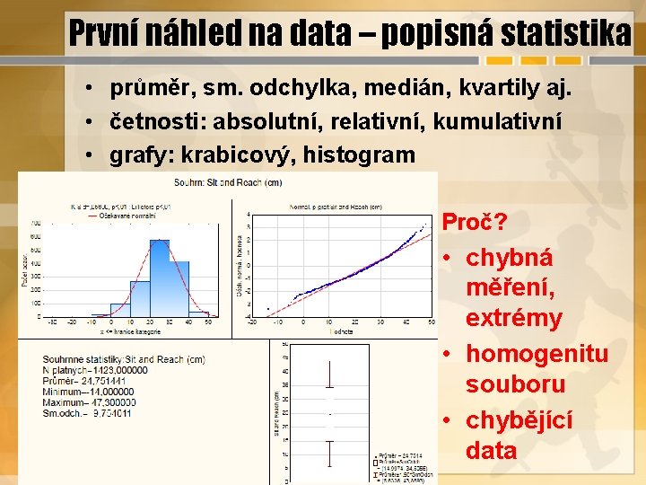 První náhled na data – popisná statistika • průměr, sm. odchylka, medián, kvartily aj.