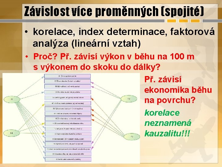 Závislost více proměnných (spojité) • korelace, index determinace, faktorová analýza (lineární vztah) • Proč?