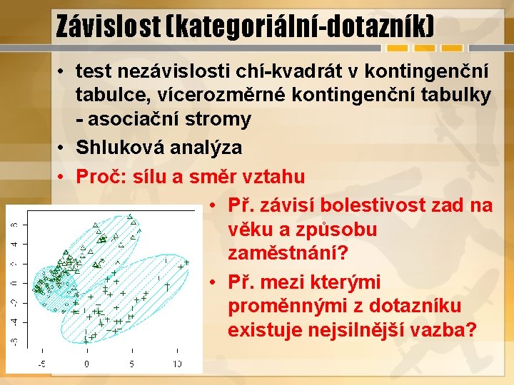 Závislost (kategoriální-dotazník) • test nezávislosti chí-kvadrát v kontingenční tabulce, vícerozměrné kontingenční tabulky - asociační