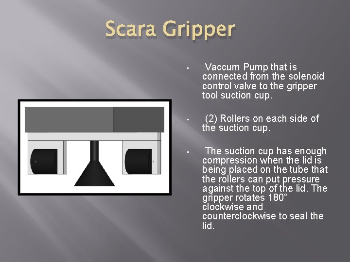 Scara Gripper • Vaccum Pump that is connected from the solenoid control valve to