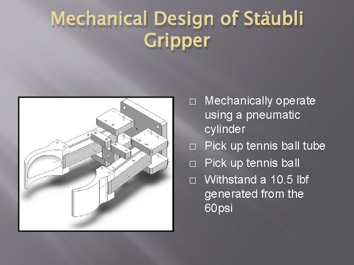 Mechanical Design of Stäubli Gripper � � Mechanically operate using a pneumatic cylinder Pick