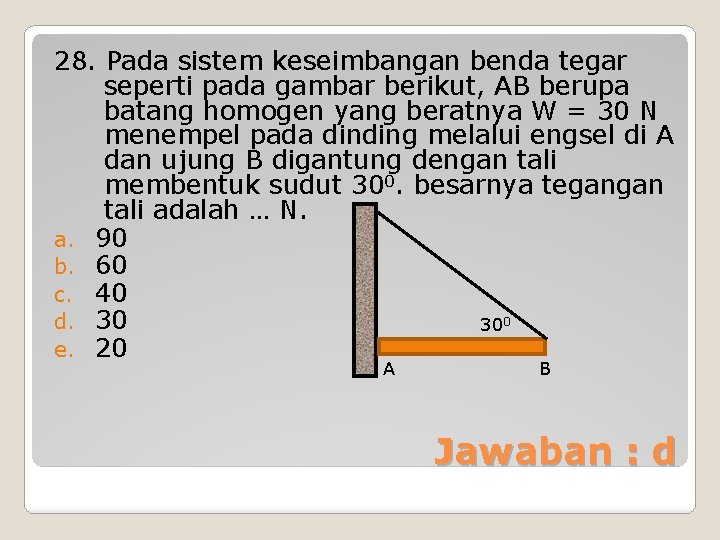 28. Pada sistem keseimbangan benda tegar seperti pada gambar berikut, AB berupa batang homogen