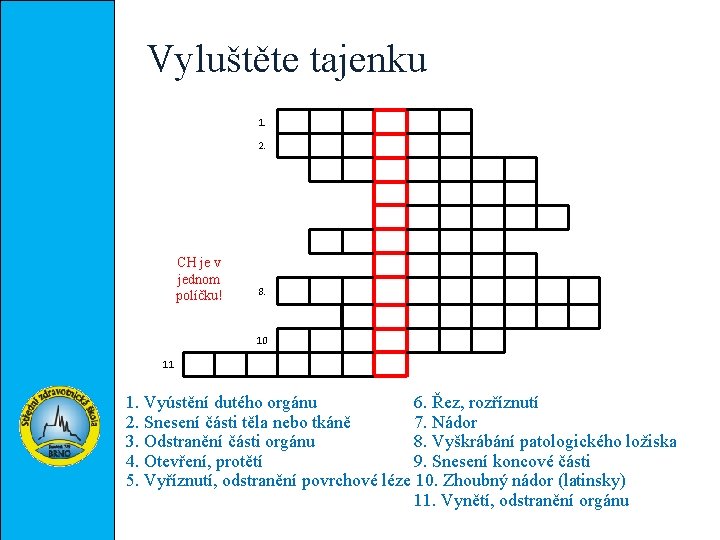 Vyluštěte tajenku 1. 2. CH je v jednom políčku! 8. 10 11 1. Vyústění