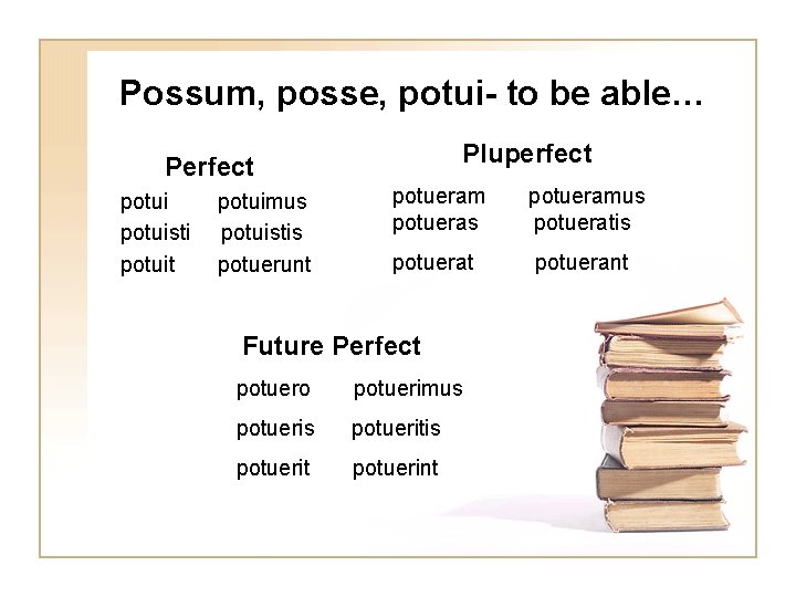 Possum, posse, potui- to be able… Pluperfect Perfect potuisti potuit potuimus potuistis potuerunt potueram
