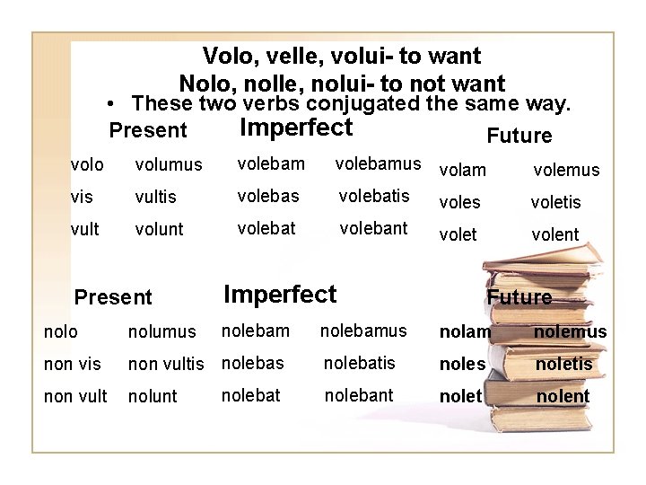Volo, velle, volui- to want Nolo, nolle, nolui- to not want • These two
