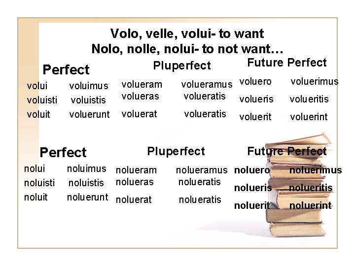 Volo, velle, volui- to want Nolo, nolle, nolui- to not want… Perfect voluisti voluit