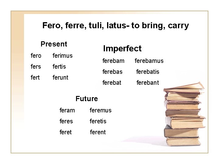 Fero, ferre, tuli, latus- to bring, carry Present fero ferimus fertis fert ferunt Imperfect