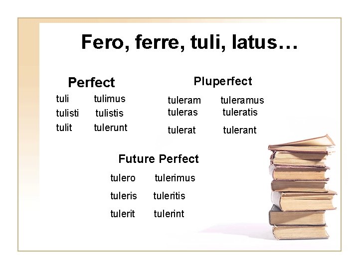 Fero, ferre, tuli, latus… Pluperfect Perfect tulisti tulit tulimus tulistis tulerunt tuleram tuleras tuleramus