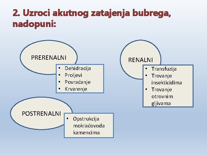 2. Uzroci akutnog zatajenja bubrega, nadopuni: PRERENALNI • • POSTRENALNI Dehidracija Proljevi Povraćanje Krvarenje