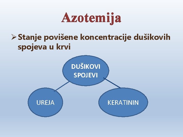 Azotemija Ø Stanje povišene koncentracije dušikovih spojeva u krvi DUŠIKOVI SPOJEVI UREJA KERATININ 