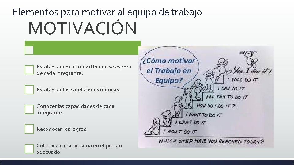 Elementos para motivar al equipo de trabajo MOTIVACIÓN Establecer con claridad lo que se