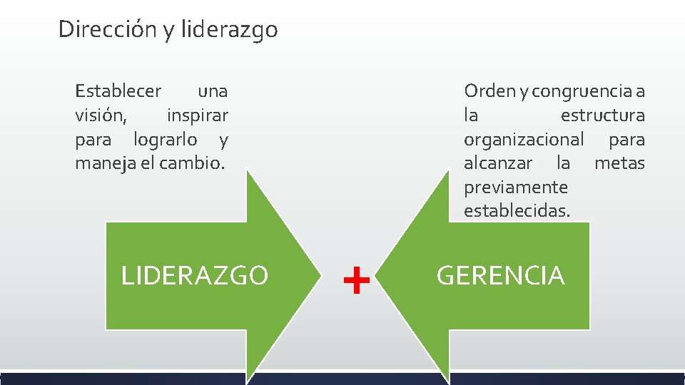 Dirección y liderazgo Establecer una visión, inspirar para lograrlo y maneja el cambio. LIDERAZGO