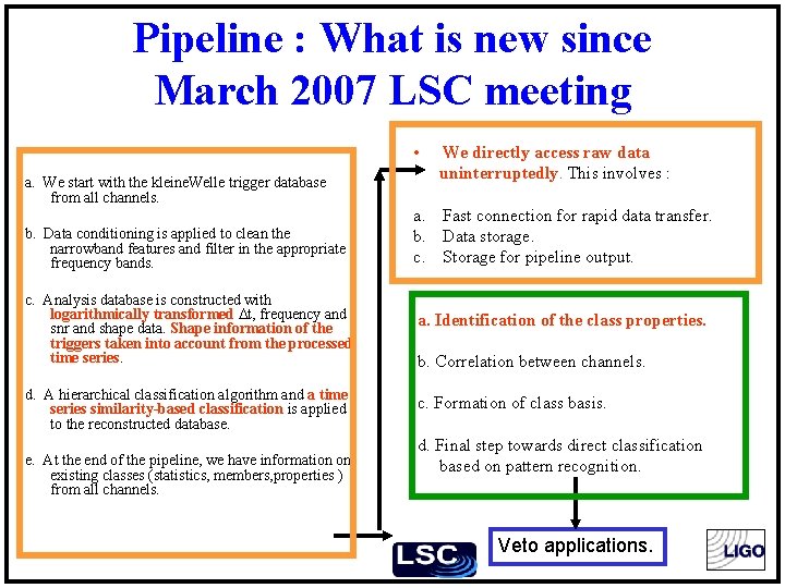 Pipeline : What is new since March 2007 LSC meeting • a. We start Pipeline : What is new since March 2007 LSC meeting • a. We start