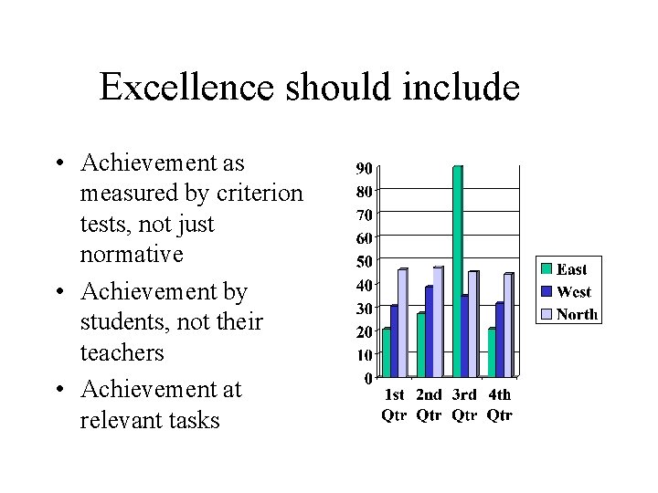 Excellence should include • Achievement as measured by criterion tests, not just normative •