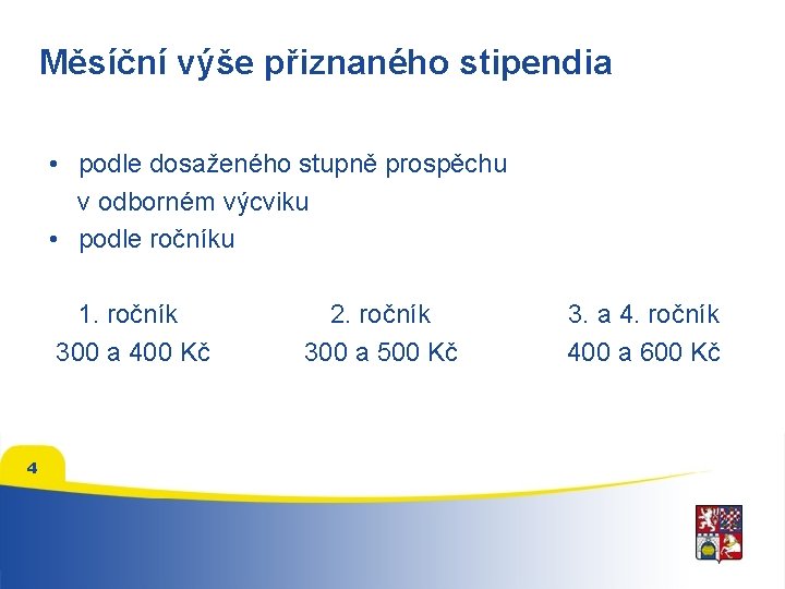 Měsíční výše přiznaného stipendia • podle dosaženého stupně prospěchu v odborném výcviku • podle