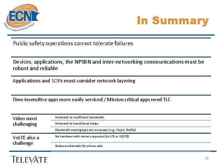 In Summary Public safety operations cannot tolerate failures Devices, applications, the NPSBN and inter-networking