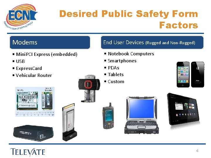 Desired Public Safety Form Factors Modems End User Devices (Rugged and Non-Rugged) • Mini.