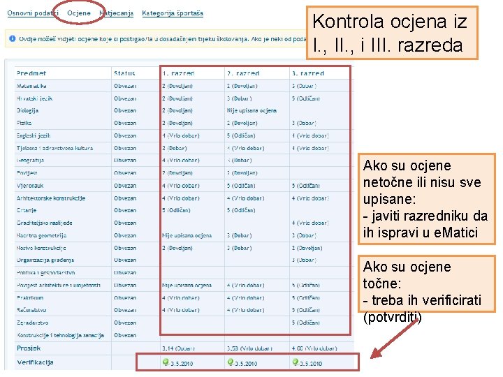 Kontrola ocjena iz I. , II. , i III. razreda Ako su ocjene netočne