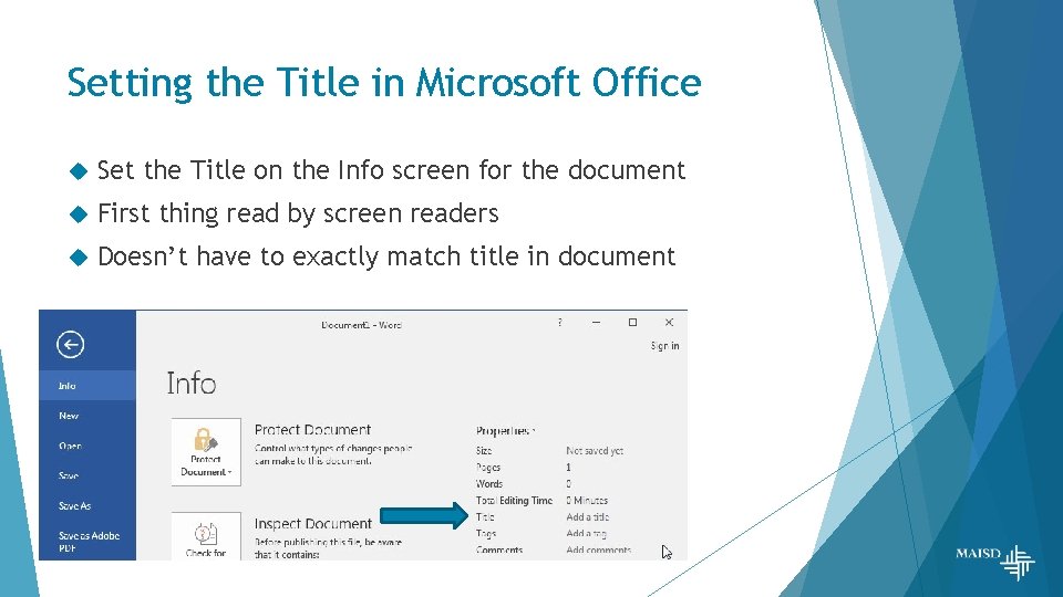 Setting the Title in Microsoft Office Set the Title on the Info screen for