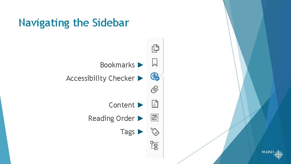 Navigating the Sidebar Bookmarks ► Accessibility Checker ► Content ► Reading Order ► Tags