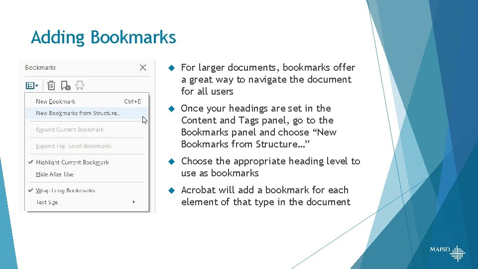 Adding Bookmarks For larger documents, bookmarks offer a great way to navigate the document