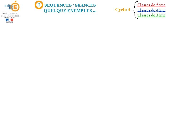 I SEQUENCES / SEANCES QUELQUE EXEMPLES. . . Cycle 4 Classes de 5ème Classes