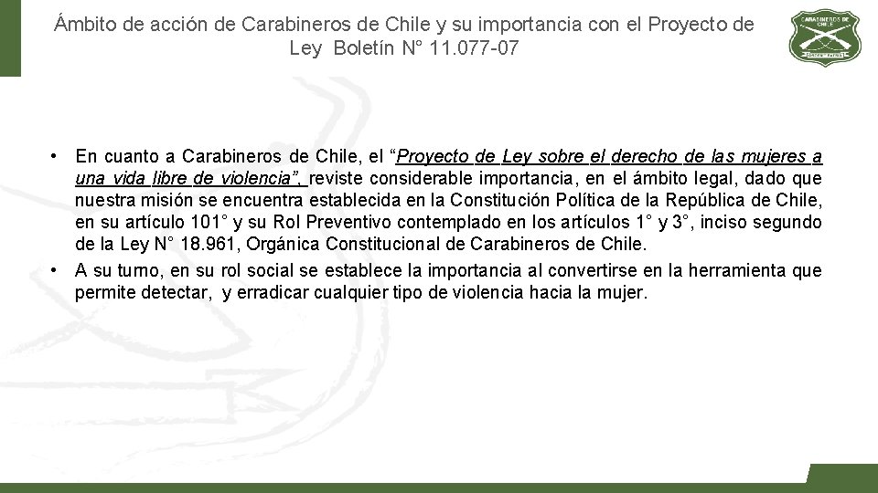 Ámbito de acción de Carabineros de Chile y su importancia con el Proyecto de