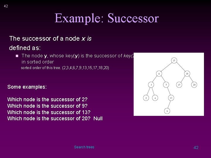 42 Example: Successor The successor of a node x is defined as: n The