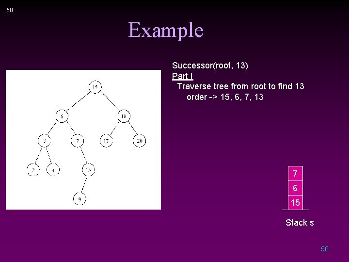 50 Example Successor(root, 13) Part I Traverse tree from root to find 13 order