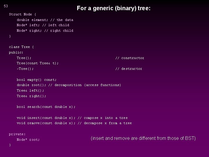 53 For a generic (binary) tree: Struct Node { double element; // the data