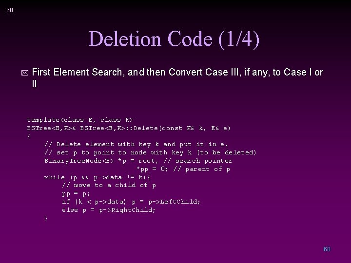 60 Deletion Code (1/4) * First Element Search, and then Convert Case III, if