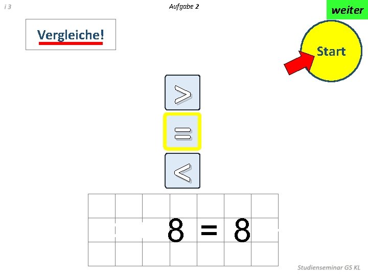 Aufgabe 2 Vergleiche! weiter Start > = < < < + 8 = 8