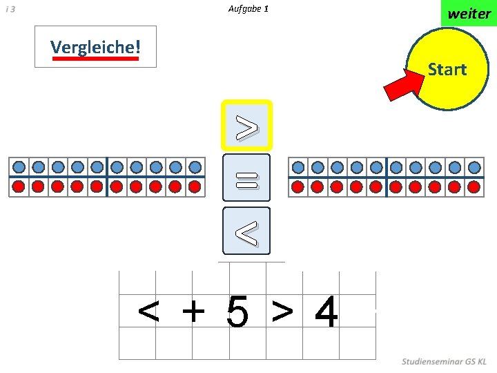 Aufgabe 1 Vergleiche! weiter Start > = < < < + 5 > 4