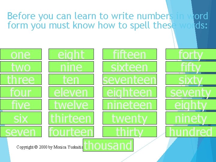 Before you can learn to write numbers in word form you must know how